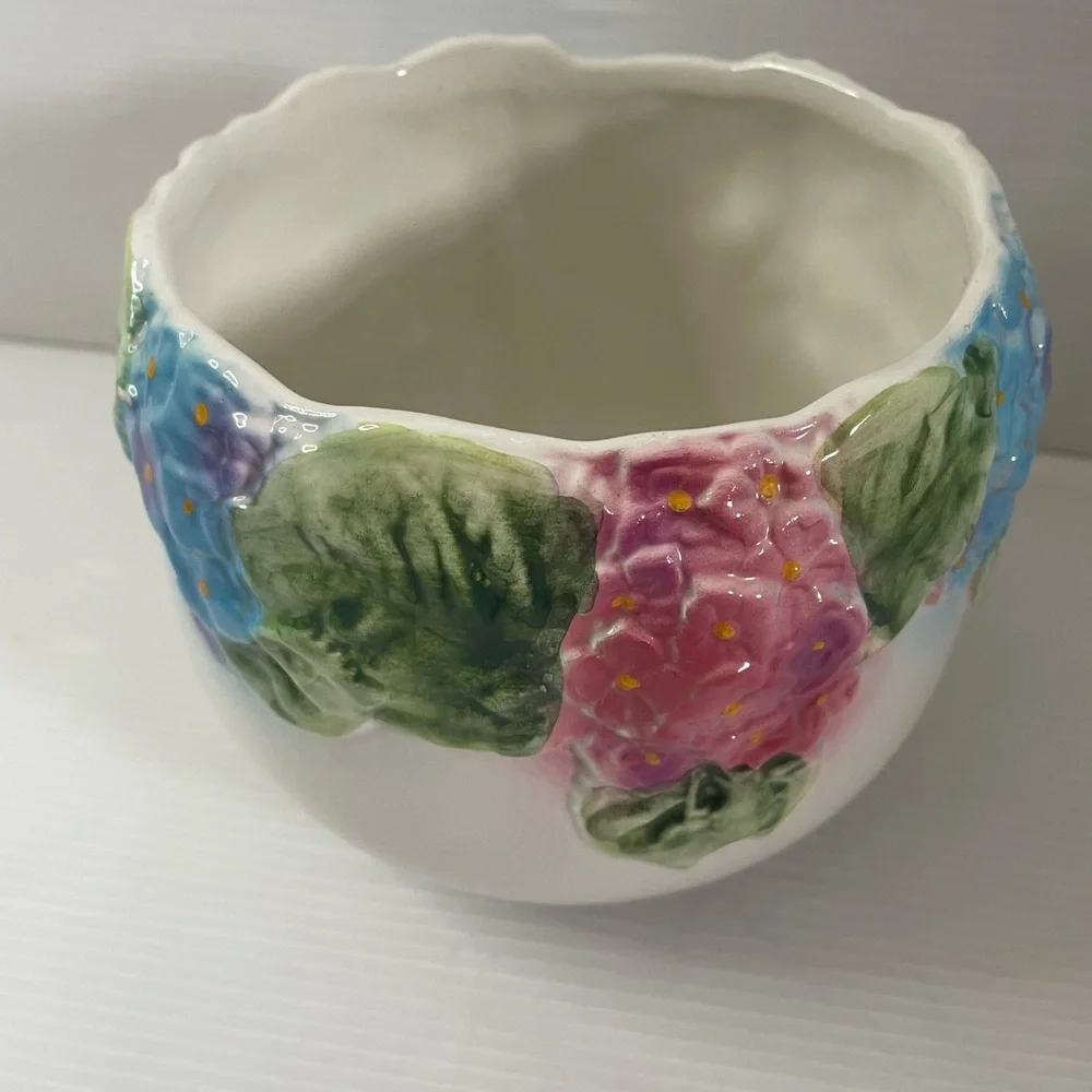 Vintage Pier One Pink Blue Hydrangea Floral Ceramic Planter 5”